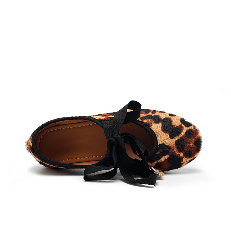 Dwarves Handmade Leather Leopard Print Ribbon Tie Ballet Flats in Black