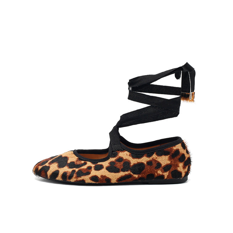 Dwarves Handmade Leather Leopard Print Ribbon Tie Ballet Flats in Black