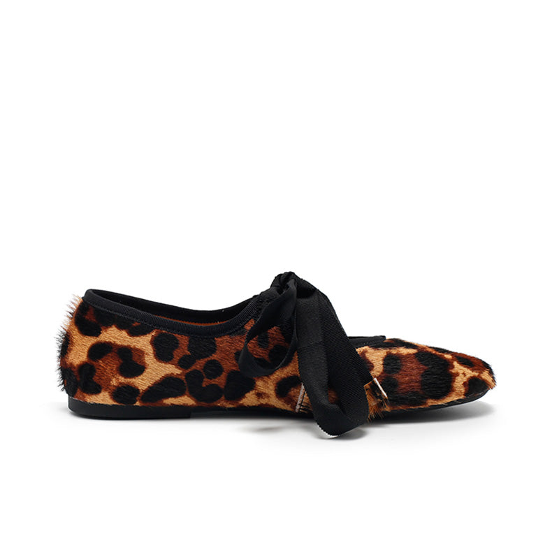Dwarves Handmade Leather Leopard Print Ribbon Tie Ballet Flats in Black