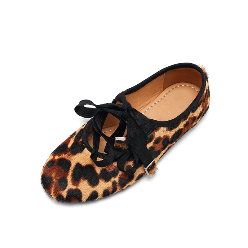 Dwarves Handmade Leather Leopard Print Ribbon Tie Ballet Flats in Black
