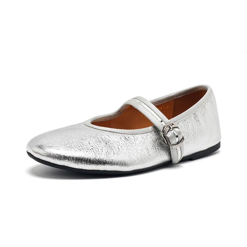 Dwarves Handmade Mary Jane Flats Soft Crackled Leather Shoes for Women in Silver/Black/Bronze