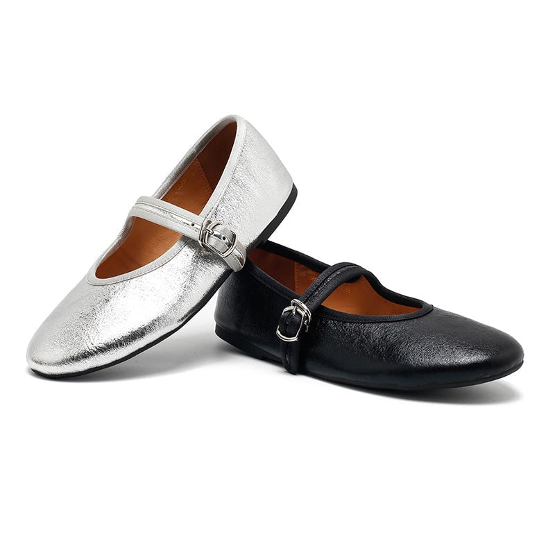 Dwarves Handmade Mary Jane Flats Soft Crackled Leather Shoes for Women in Silver/Black/Bronze