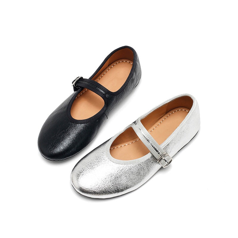 Dwarves Handmade Mary Jane Flats Soft Crackled Leather Shoes for Women in Silver/Black/Bronze