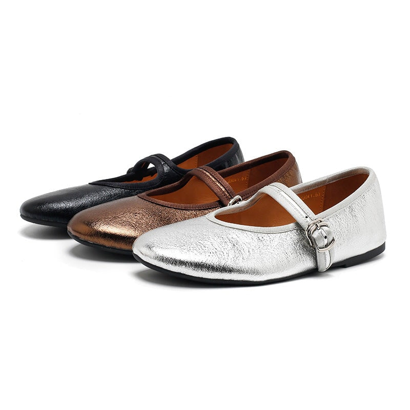Dwarves Handmade Mary Jane Flats Soft Crackled Leather Shoes for Women in Silver/Black/Bronze
