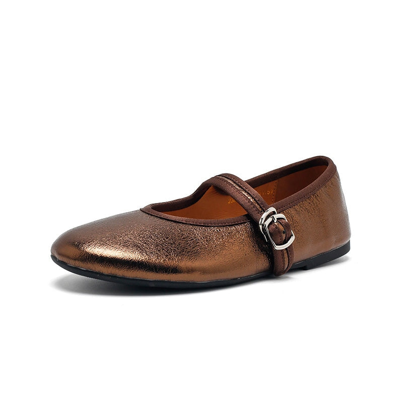Dwarves Handmade Mary Jane Flats Soft Crackled Leather Shoes for Women in Silver/Black/Bronze