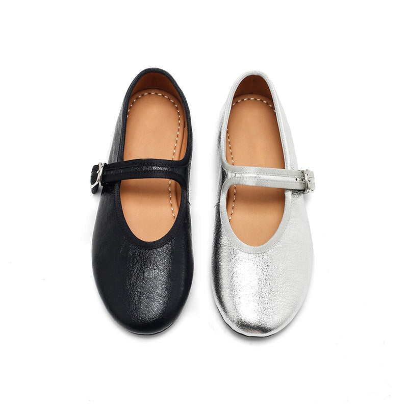 Dwarves Handmade Mary Jane Flats Soft Crackled Leather Shoes for Women in Silver/Black/Bronze