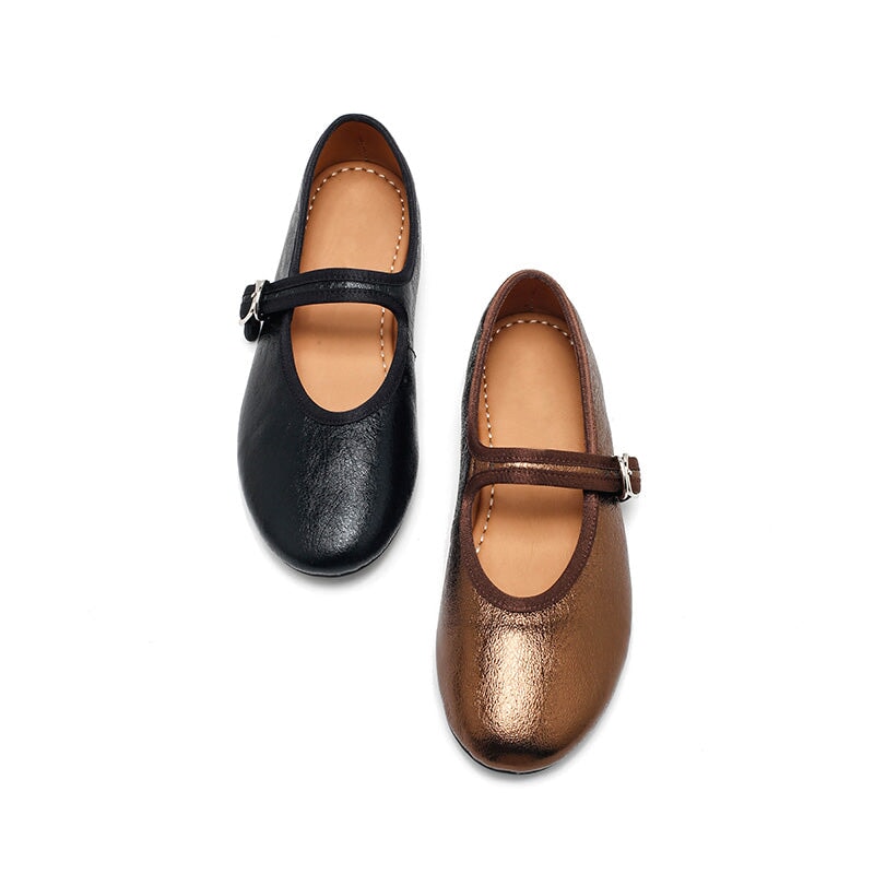 Dwarves Handmade Mary Jane Flats Soft Crackled Leather Shoes for Women in Silver/Black/Bronze