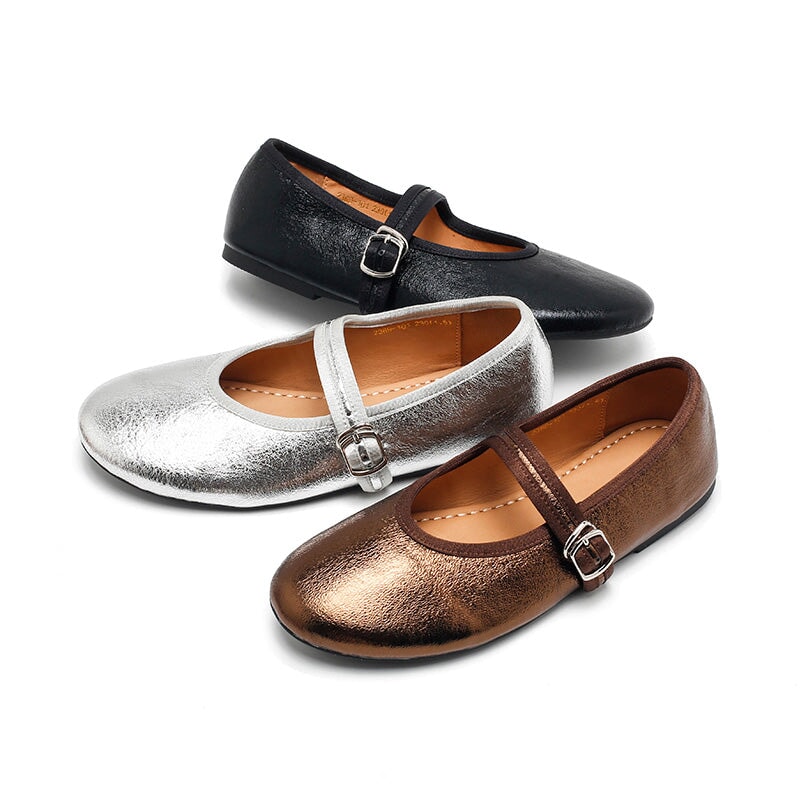 Dwarves Handmade Mary Jane Flats Soft Crackled Leather Shoes for Women in Silver/Black/Bronze