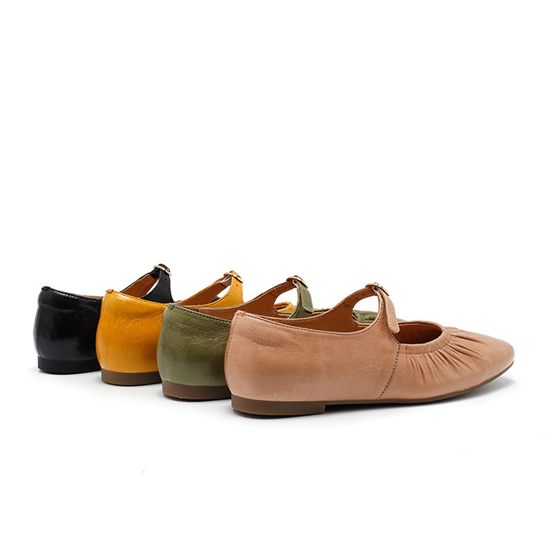 Dwarves Handmade Ruched Soft Sheepskin Mary Jane Flats for Women in 5 Colors