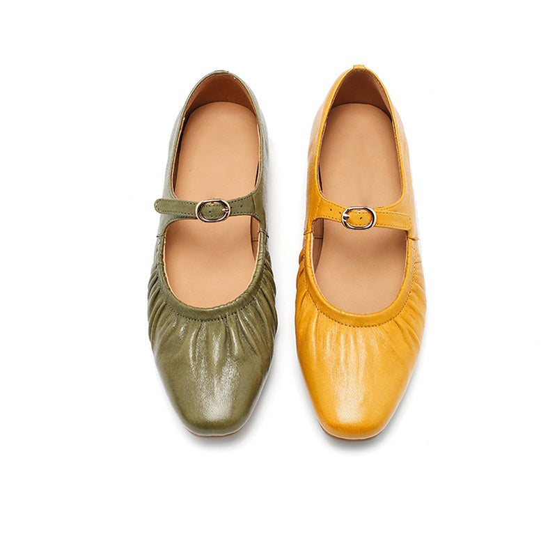 Dwarves Handmade Ruched Soft Sheepskin Mary Jane Flats for Women in 5 Colors