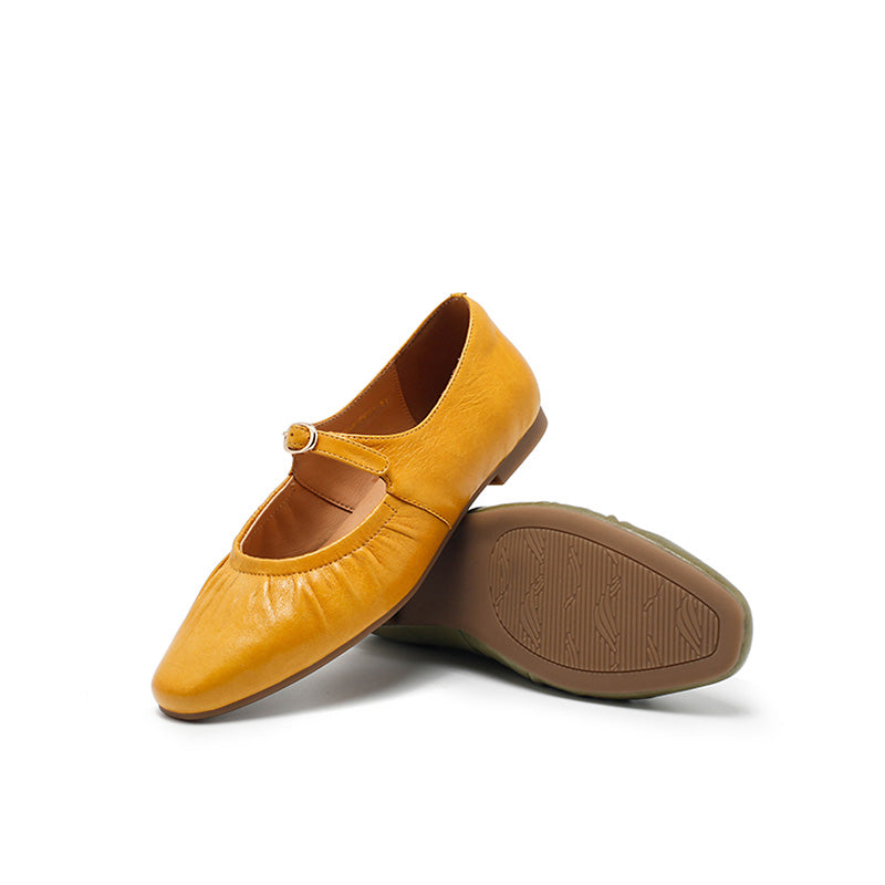 Dwarves Handmade Ruched Soft Sheepskin Mary Jane Flats for Women in 5 Colors