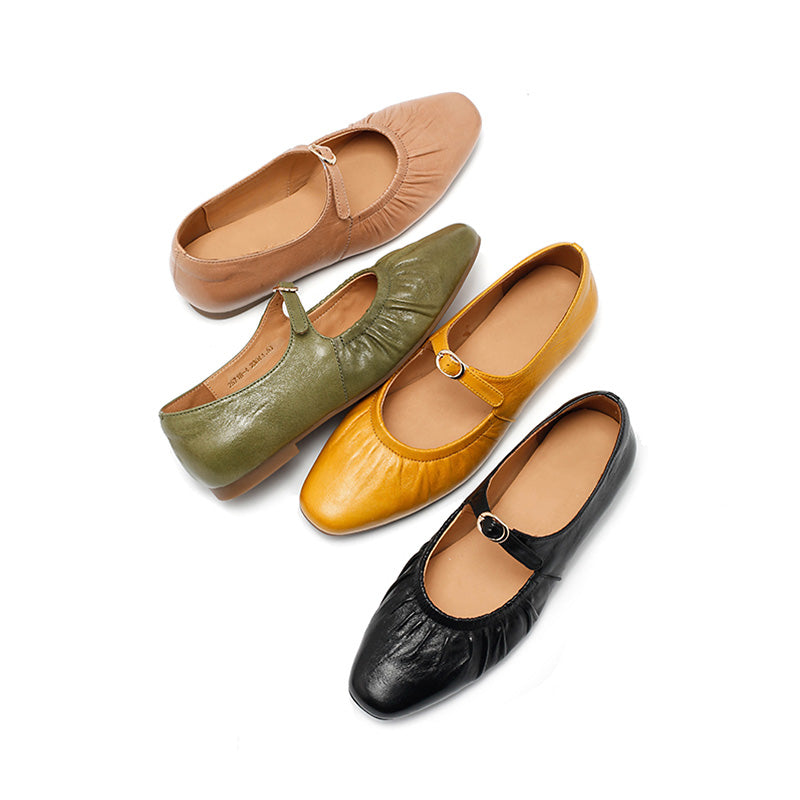 Dwarves Handmade Ruched Soft Sheepskin Mary Jane Flats for Women in 5 Colors