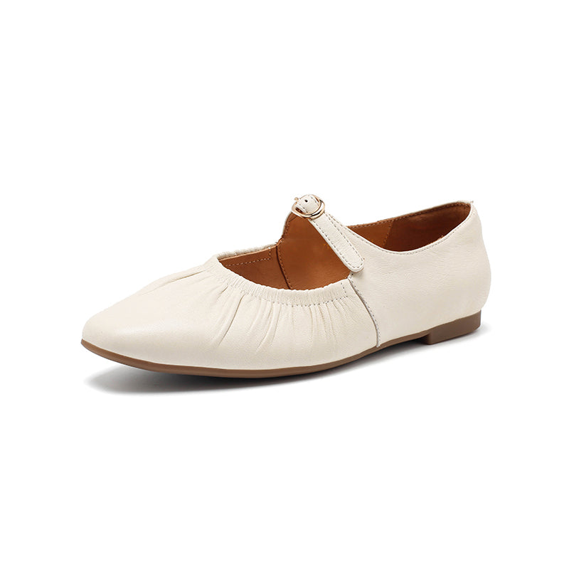 Dwarves Handmade Ruched Soft Sheepskin Mary Jane Flats for Women in 5 Colors