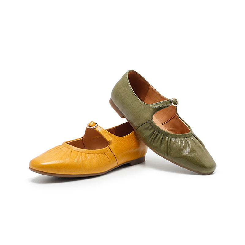 Dwarves Handmade Ruched Soft Sheepskin Mary Jane Flats for Women in 5 Colors