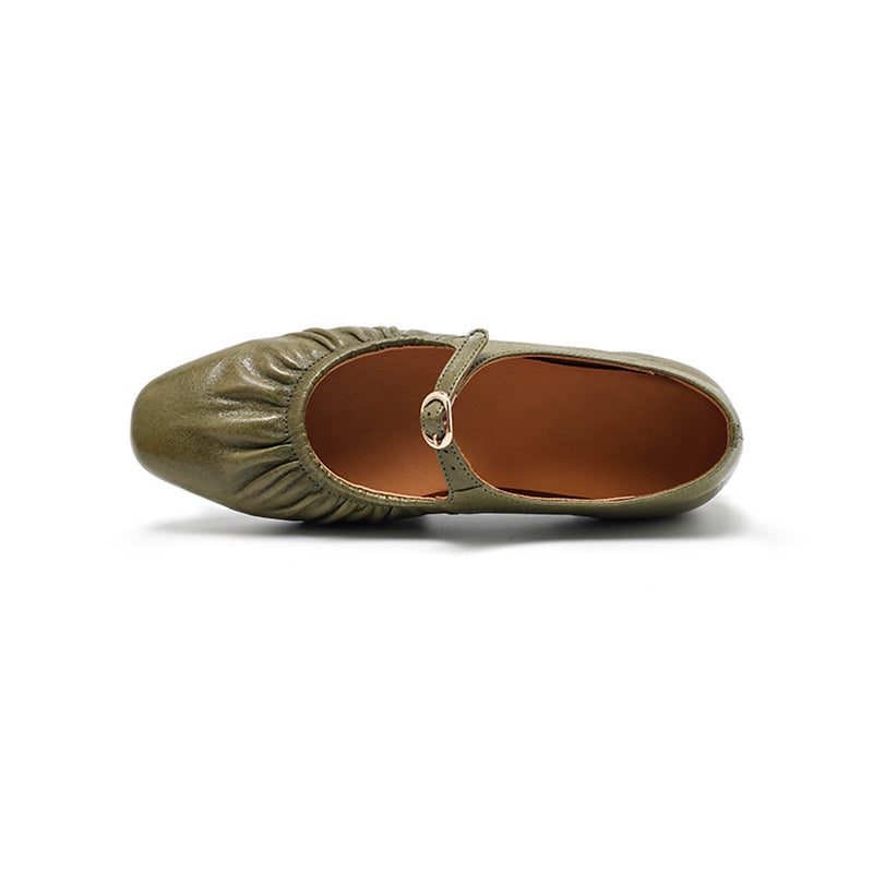 Dwarves Handmade Ruched Soft Sheepskin Mary Jane Flats for Women in 5 Colors