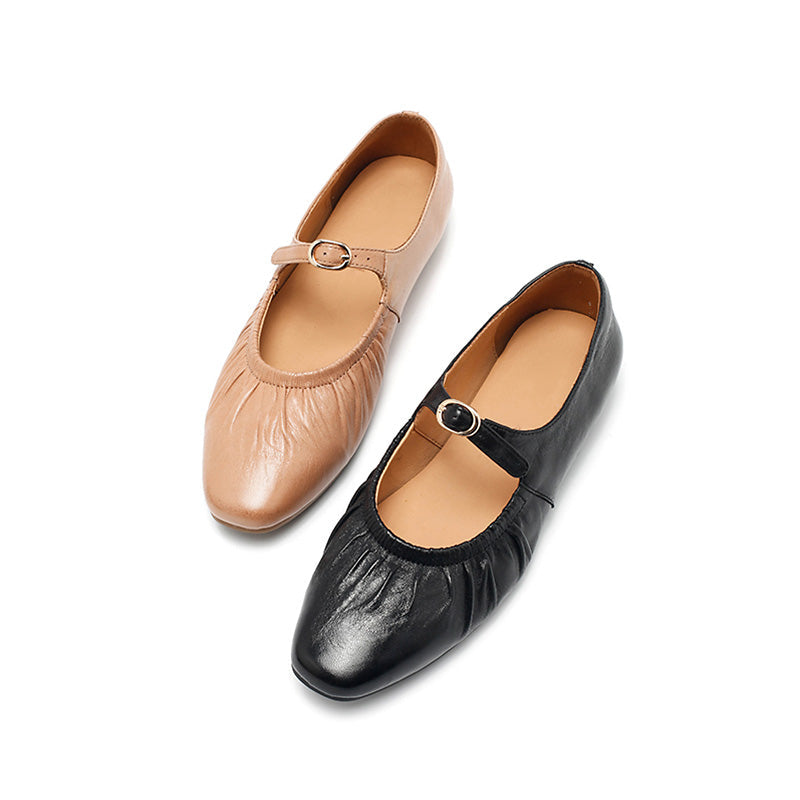 Dwarves Handmade Ruched Soft Sheepskin Mary Jane Flats for Women in 5 Colors