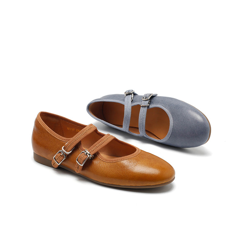 Dwarves Handmade Sheepskin Mary Jane Flats for Women in Champagne/Black/Blue/Yellow