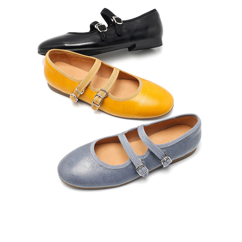 Dwarves Handmade Sheepskin Mary Jane Flats for Women in Champagne/Black/Blue/Yellow