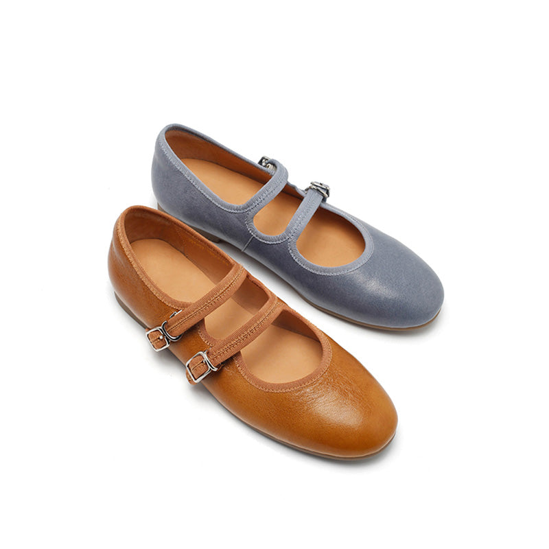 Dwarves Handmade Sheepskin Mary Jane Flats for Women in Champagne/Black/Blue/Yellow