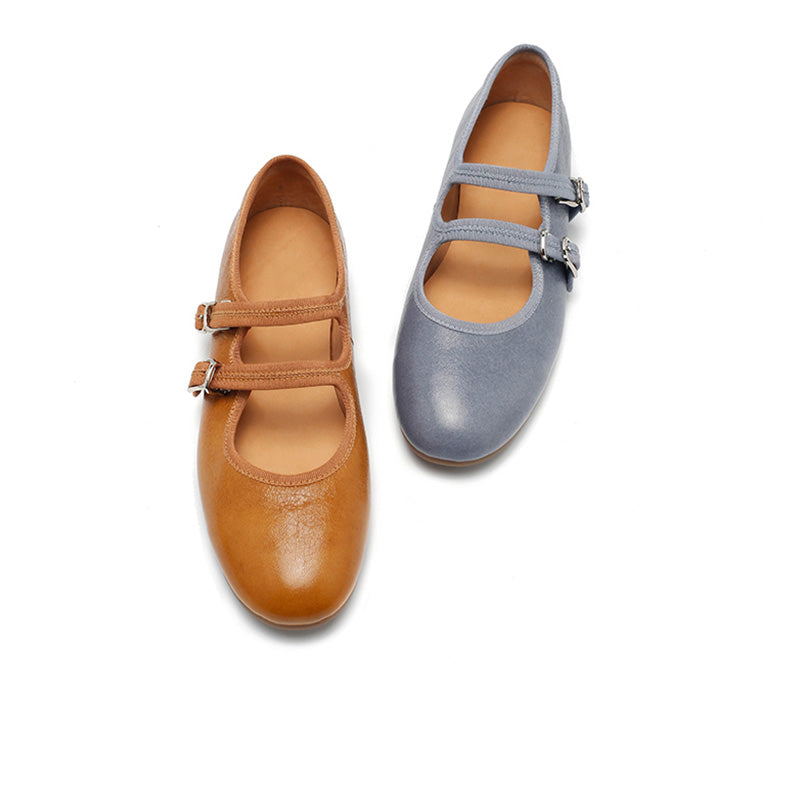 Dwarves Handmade Sheepskin Mary Jane Flats for Women in Champagne/Black/Blue/Yellow