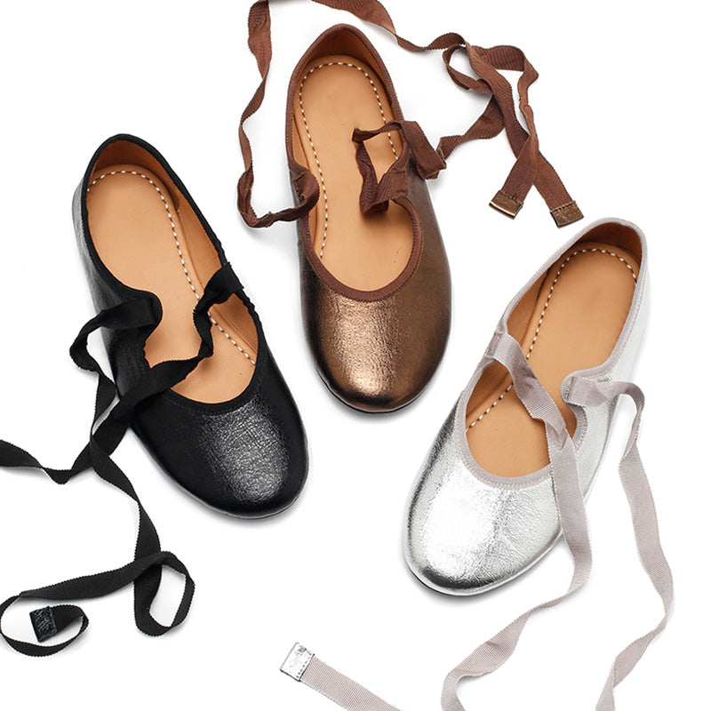 Dwarves Handmade Soft Cowhide Ribbon Tie Ballet Flats in Silver/Black/Bronze