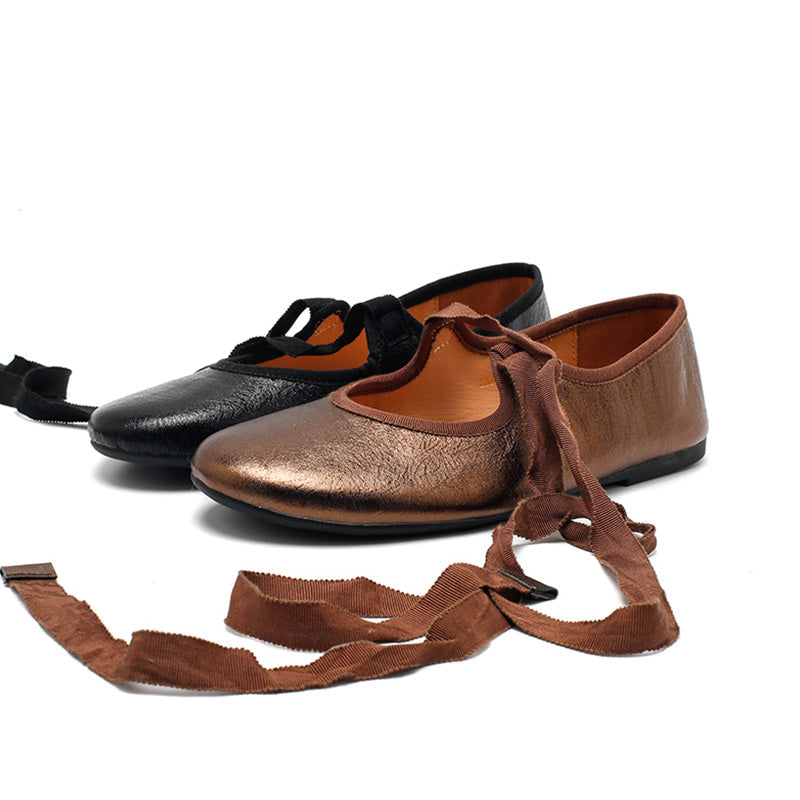 Dwarves Handmade Soft Cowhide Ribbon Tie Ballet Flats in Silver/Black/Bronze
