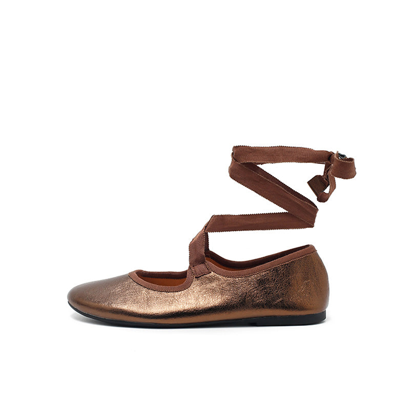 Dwarves Handmade Soft Cowhide Ribbon Tie Ballet Flats in Silver/Black/Bronze