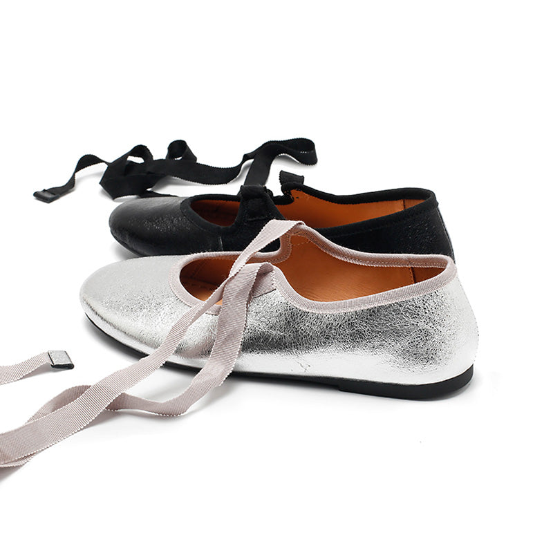 Dwarves Handmade Soft Cowhide Ribbon Tie Ballet Flats in Silver/Black/Bronze