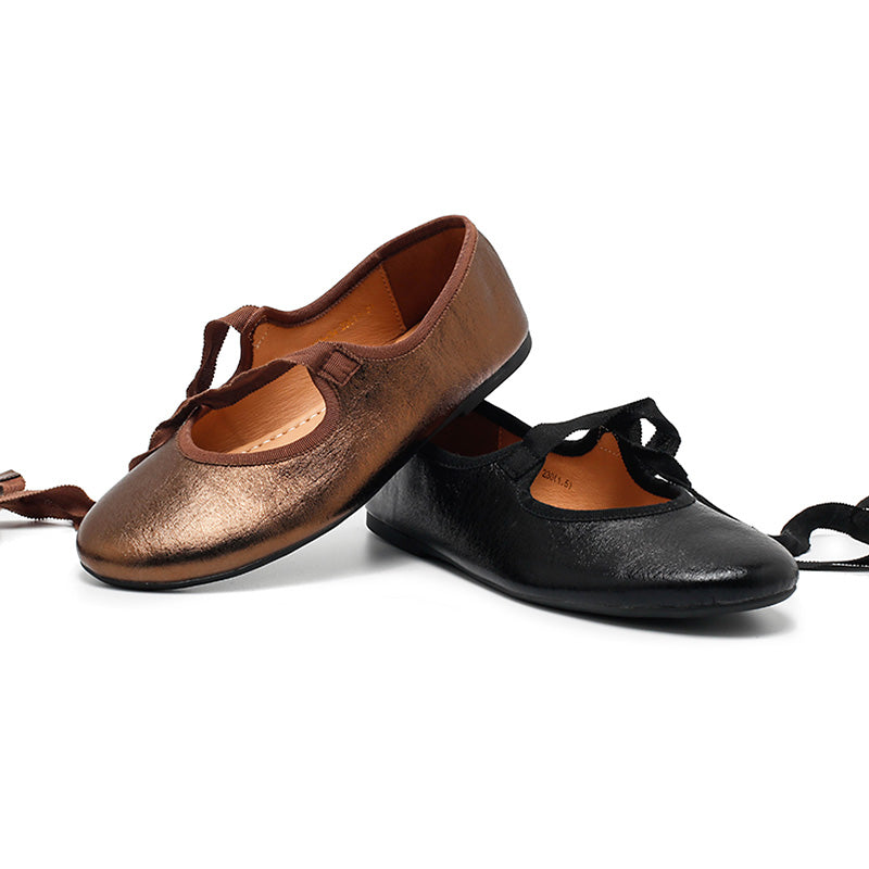 Dwarves Handmade Soft Cowhide Ribbon Tie Ballet Flats in Silver/Black/Bronze