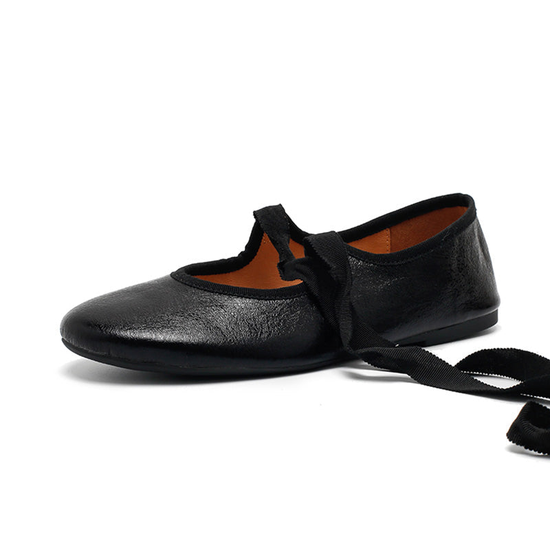 Dwarves Handmade Soft Cowhide Ribbon Tie Ballet Flats in Silver/Black/Bronze
