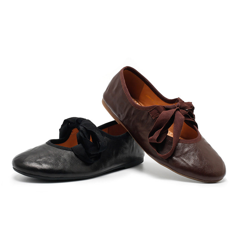 Dwarves Handmade Soft Leather Ribbon Bow Ballet Flats in Beige/Black/Coffee