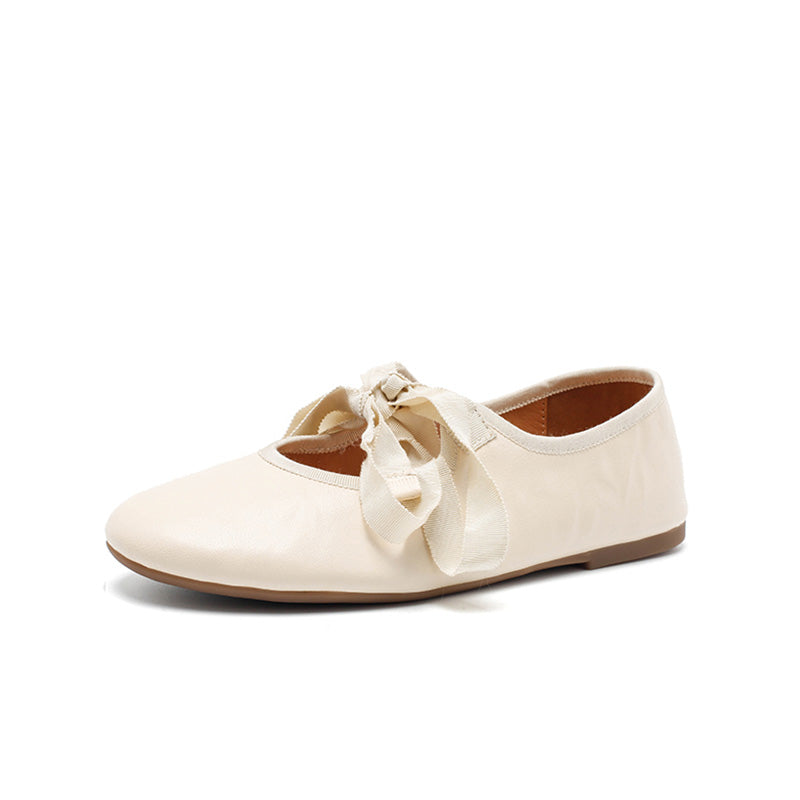 Dwarves Handmade Soft Leather Ribbon Bow Ballet Flats in Beige/Black/Coffee