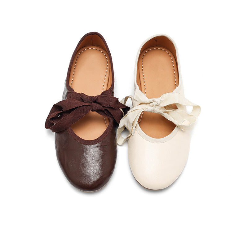 Dwarves Handmade Soft Leather Ribbon Bow Ballet Flats in Beige/Black/Coffee