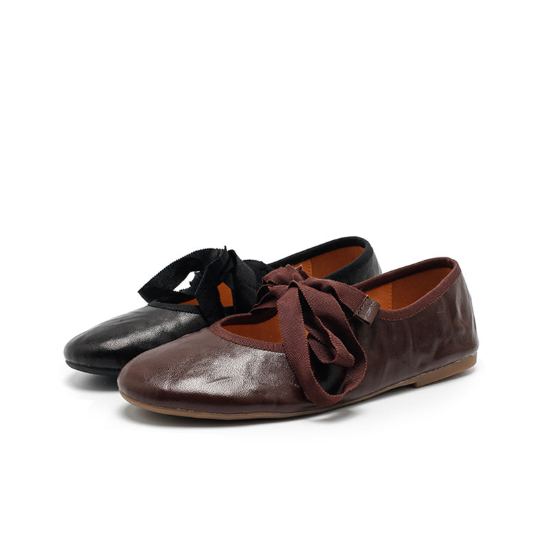 Dwarves Handmade Soft Leather Ribbon Bow Ballet Flats in Beige/Black/Coffee