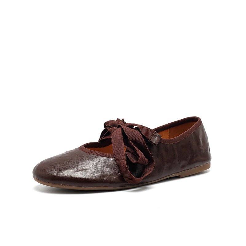 Dwarves Handmade Soft Leather Ribbon Bow Ballet Flats in Beige/Black/Coffee