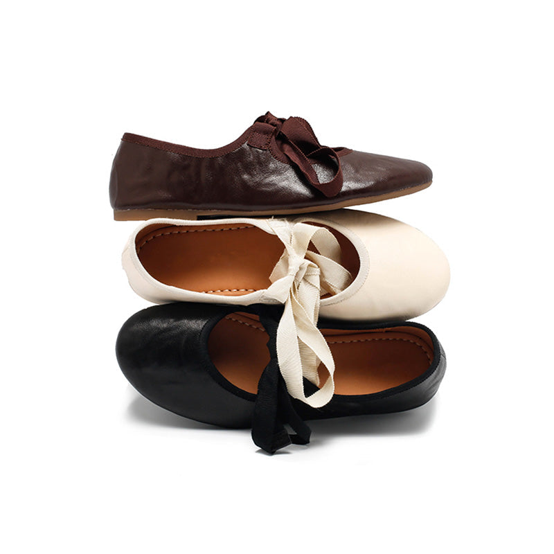 Dwarves Handmade Soft Leather Ribbon Bow Ballet Flats in Beige/Black/Coffee