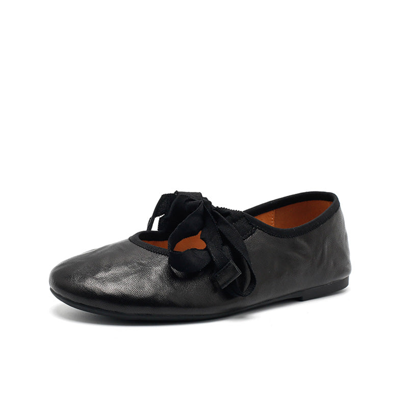 Dwarves Handmade Soft Leather Ribbon Bow Ballet Flats in Beige/Black/Coffee