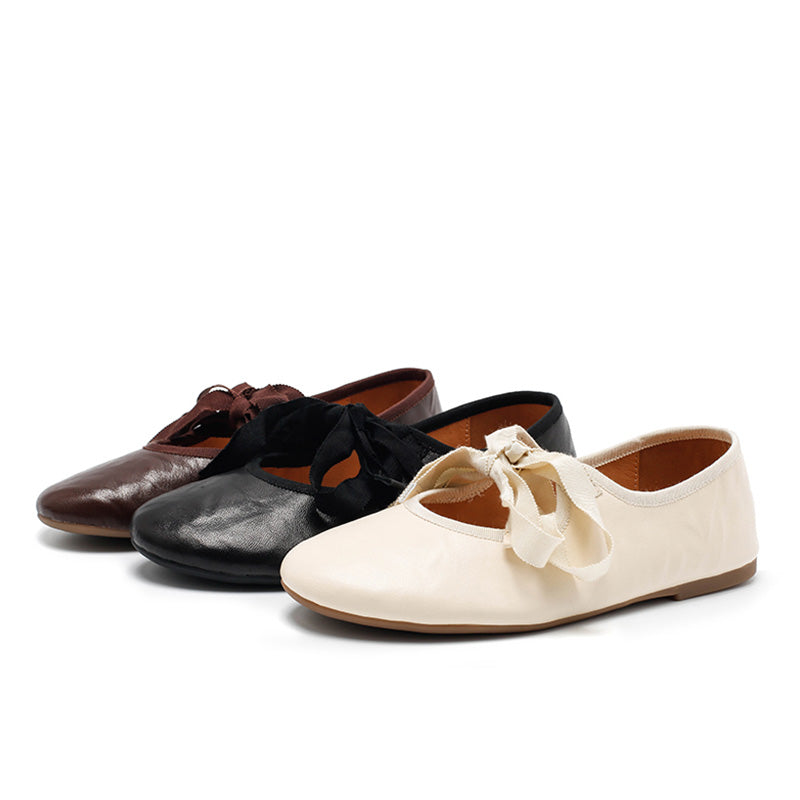 Dwarves Handmade Soft Leather Ribbon Bow Ballet Flats in Beige/Black/Coffee