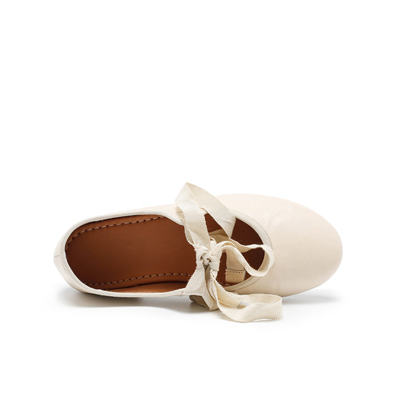 Dwarves Handmade Soft Leather Ribbon Bow Ballet Flats in Beige/Black/Coffee