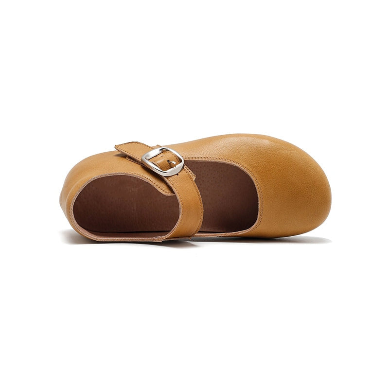 Dwarves Handmade Yak Leather Mary Jane Flats Casual Shoes for Women in Light Khaki/Yellow Brown