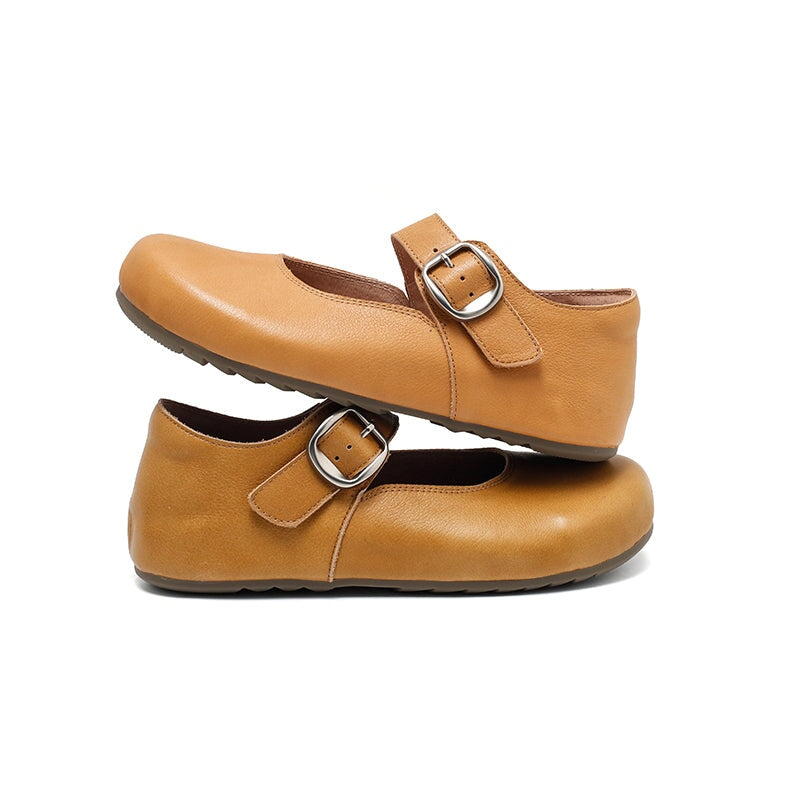 Dwarves Handmade Yak Leather Mary Jane Flats Casual Shoes for Women in Light Khaki/Yellow Brown
