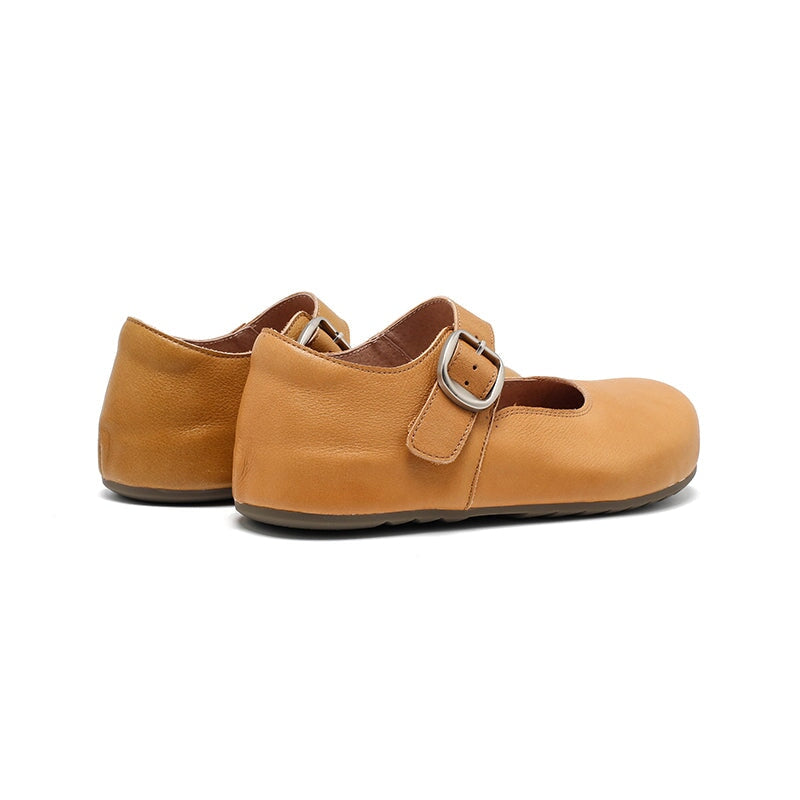 Dwarves Handmade Yak Leather Mary Jane Flats Casual Shoes for Women in Light Khaki/Yellow Brown
