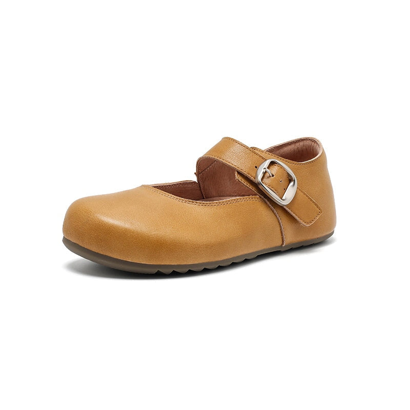 Dwarves Handmade Yak Leather Mary Jane Flats Casual Shoes for Women in Light Khaki/Yellow Brown