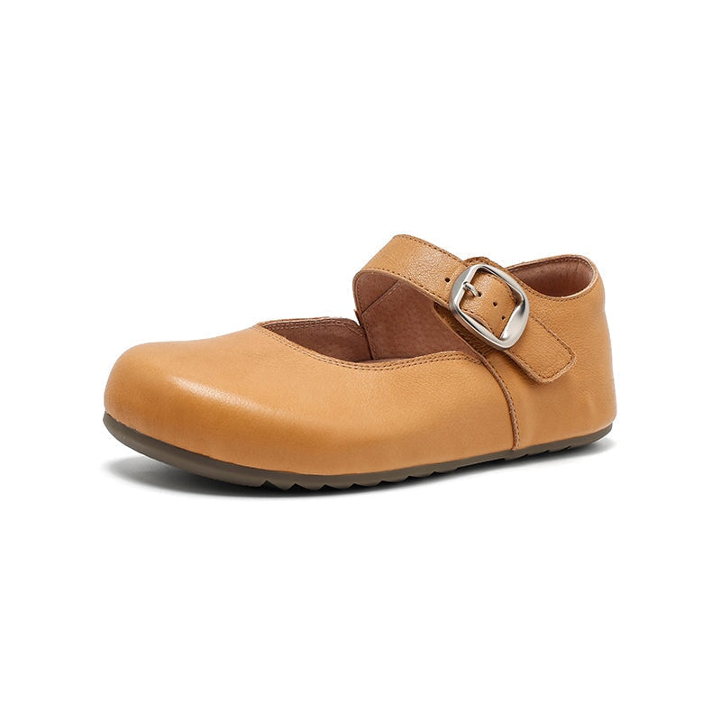 Dwarves Handmade Yak Leather Mary Jane Flats Casual Shoes for Women in Light Khaki/Yellow Brown