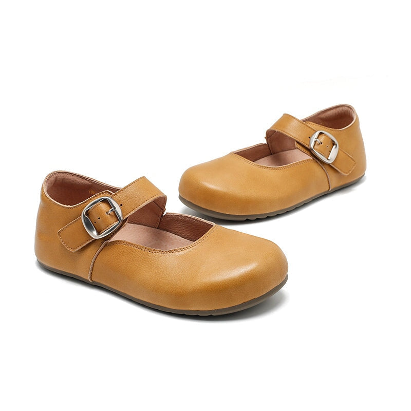 Dwarves Handmade Yak Leather Mary Jane Flats Casual Shoes for Women in Light Khaki/Yellow Brown