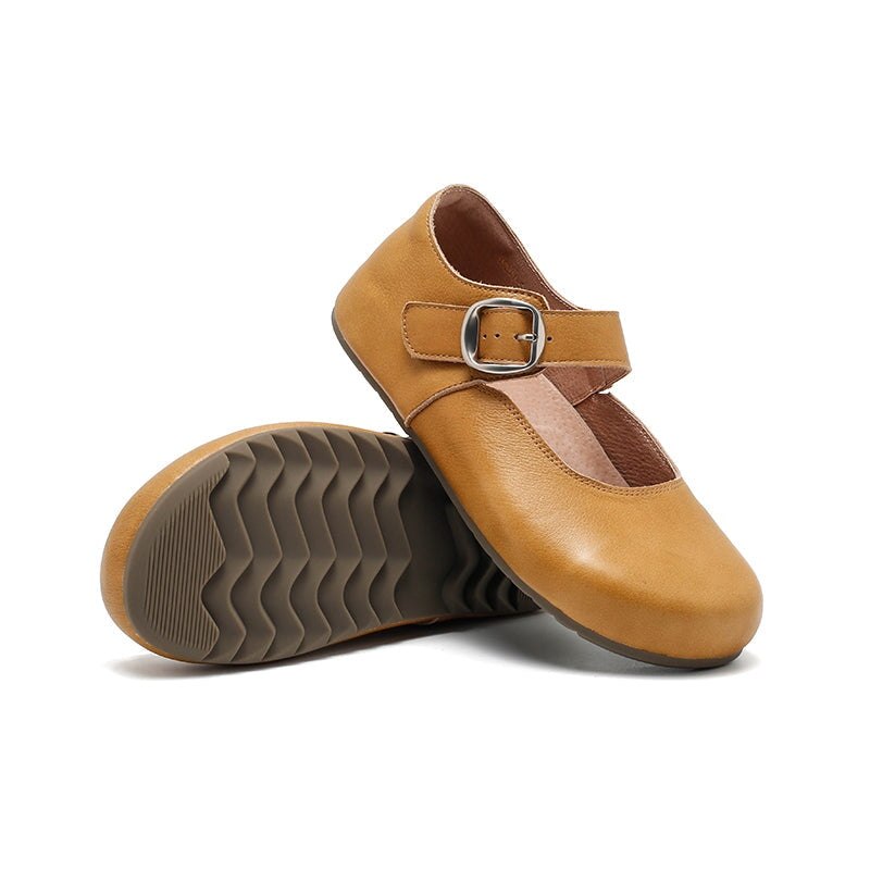 Dwarves Handmade Yak Leather Mary Jane Flats Casual Shoes for Women in Light Khaki/Yellow Brown