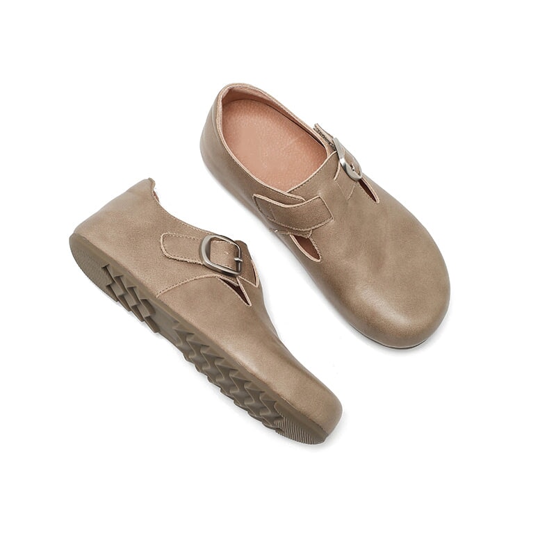 Dwarves Handmade Yak Leather T-strap Mary Jane Flats Casual Shoes for Women in Dark Khaki/Grey