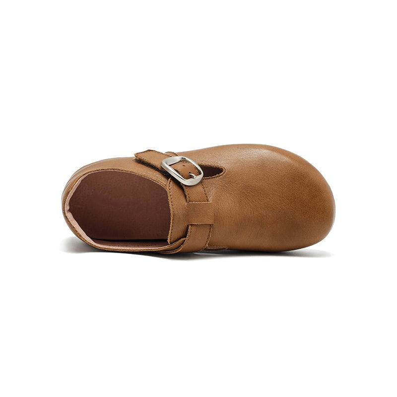 Dwarves Handmade Yak Leather T-strap Mary Jane Flats Casual Shoes for Women in Dark Khaki/Grey