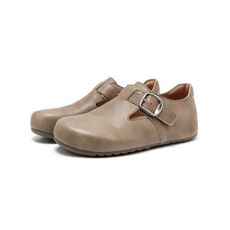 Dwarves Handmade Yak Leather T-strap Mary Jane Flats Casual Shoes for Women in Dark Khaki/Grey