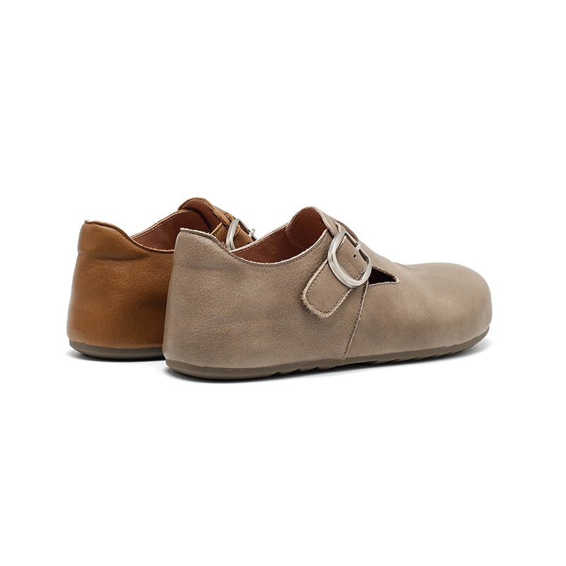 Dwarves Handmade Yak Leather T-strap Mary Jane Flats Casual Shoes for Women in Dark Khaki/Grey